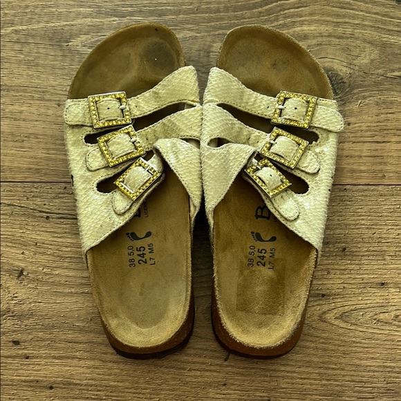 Birkenstock Betula Cream Snakeskin Triple Strap Sandals with Gemstone Buckles - Picture 2 of 6